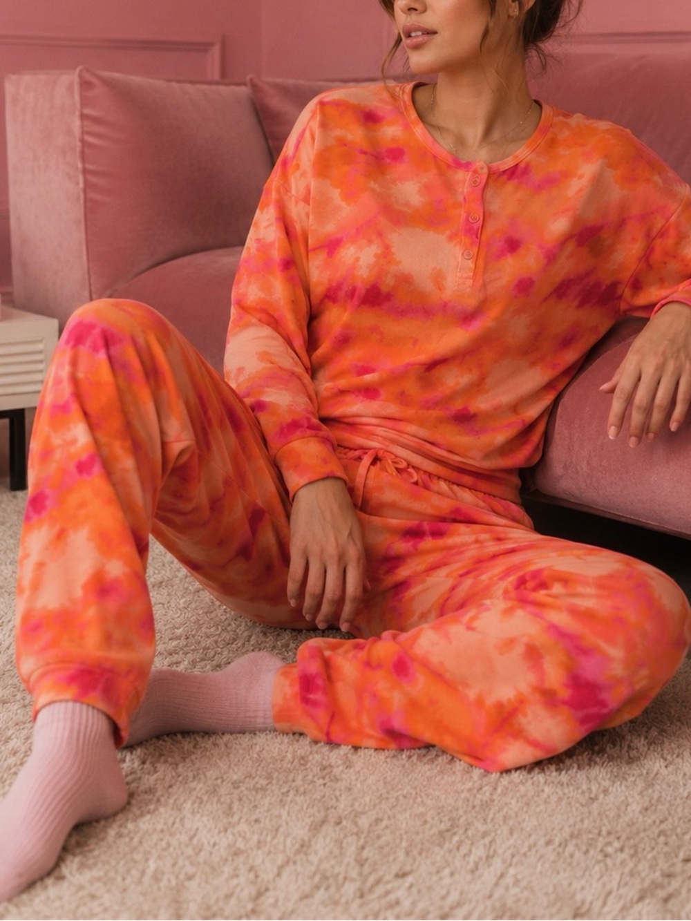 Just Be Tie-Dye Lounge Jogger Set - Pink & Orange - Size L